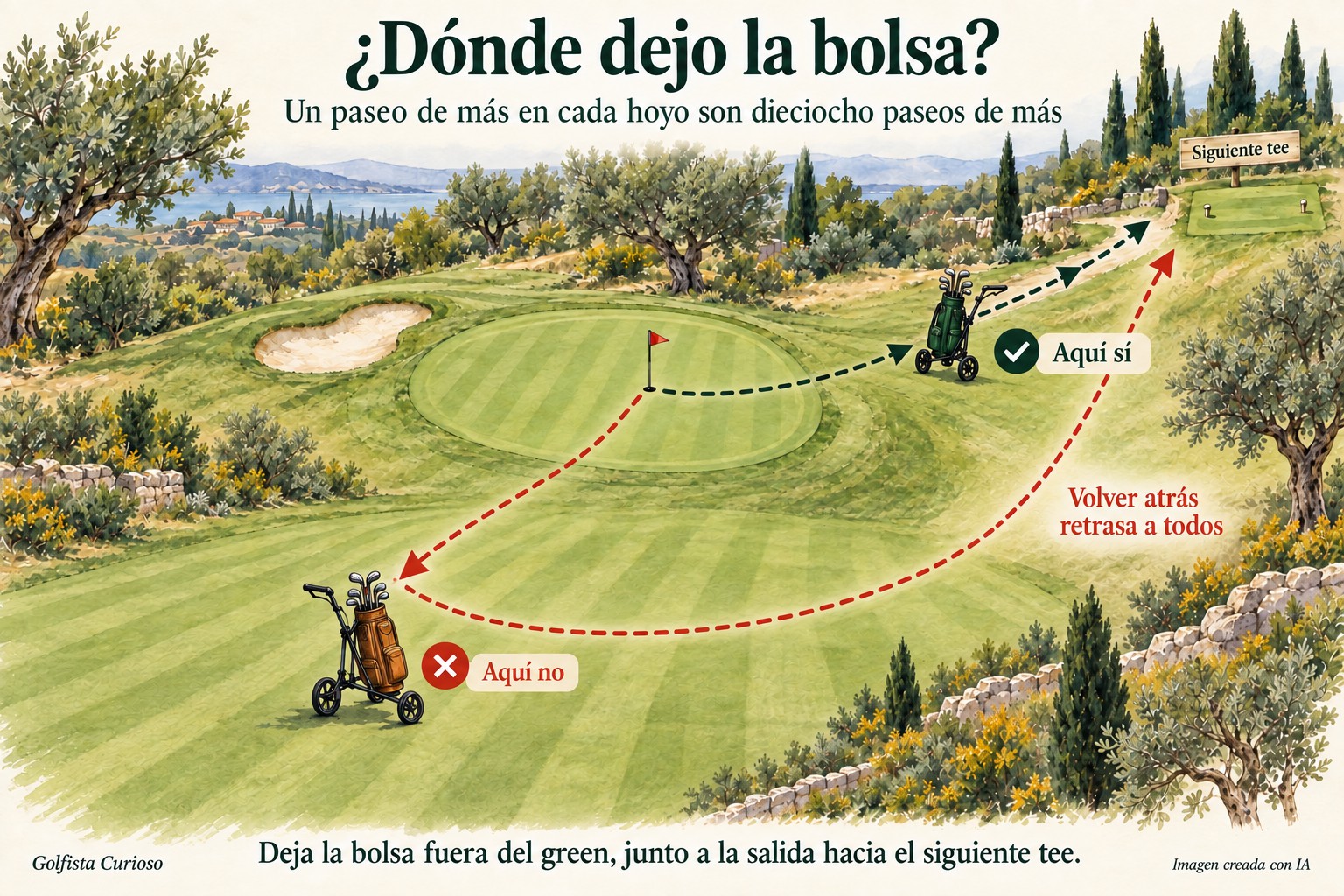 Esquema de dónde dejar la bolsa o el carro al llegar al green para no retrasar el juego