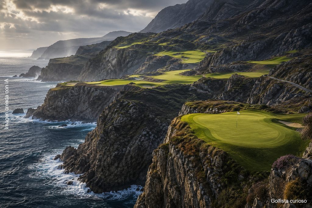 Campo de golf extremo sobre acantilados junto al mar, ejemplo de diseño de campo espectacular