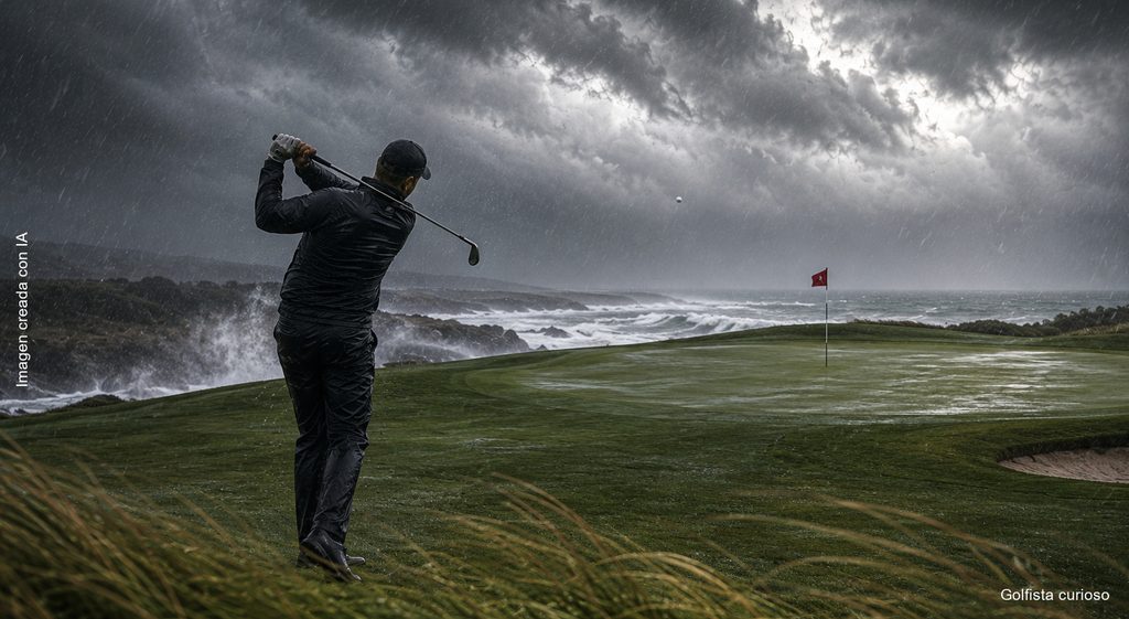 Golfista completando el swing bajo una tormenta, con lluvia y viento fuerte en el campo
