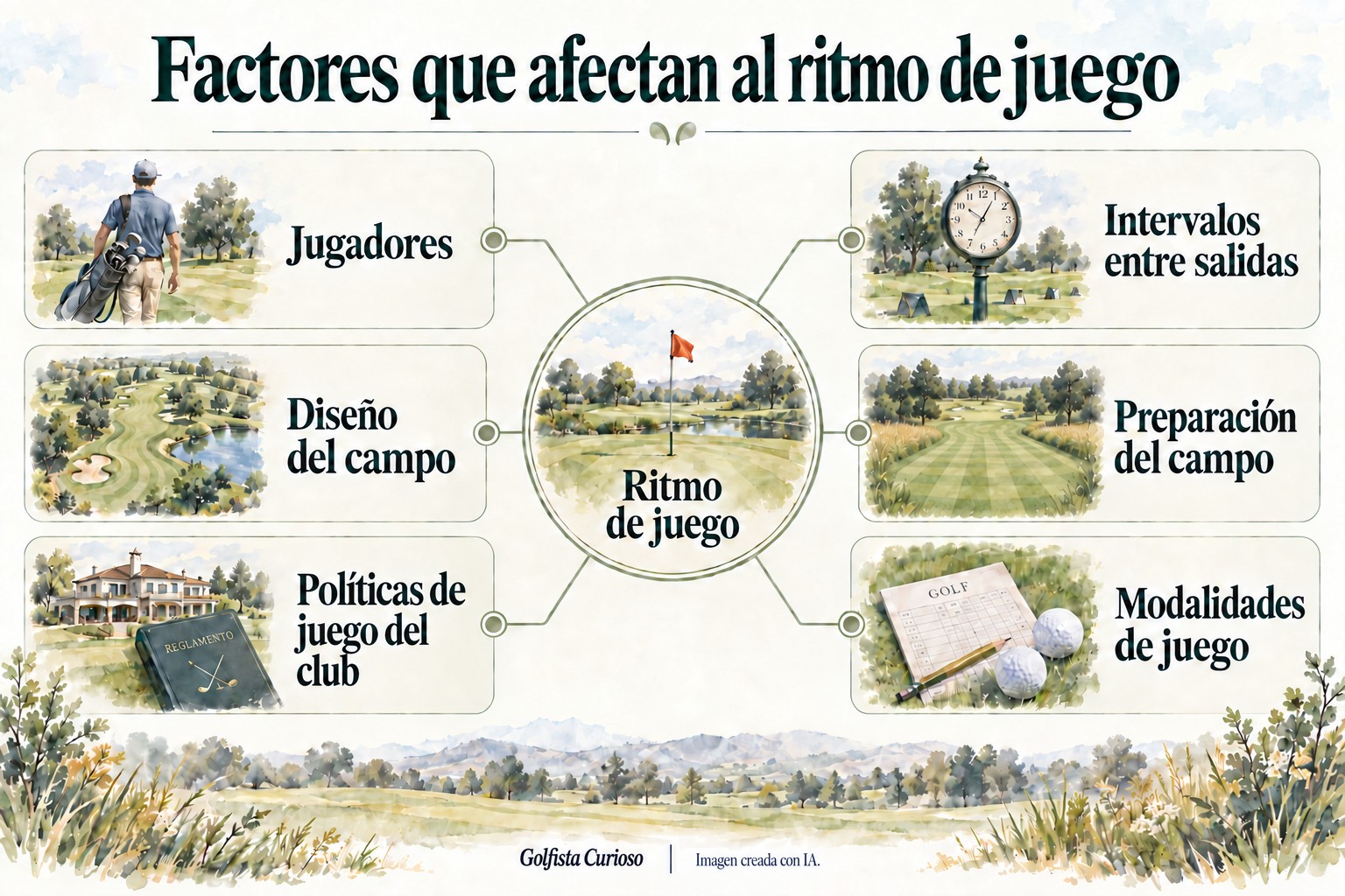 Infografía de los factores que afectan al ritmo de juego en golf: jugadores, diseño, preparación del campo, políticas del club, modalidades e intervalos