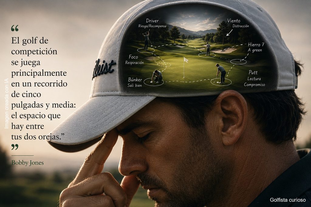 Golfista pensativo con la mano en la gorra, ilustrando el juego mental en el golf con una cita atribuida a Bobby Jones