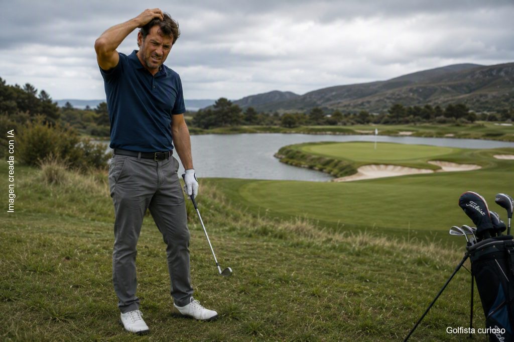 Golfista frustrado, con la mano en la cabeza, junto a un green rodeado de agua tras un mal golpe