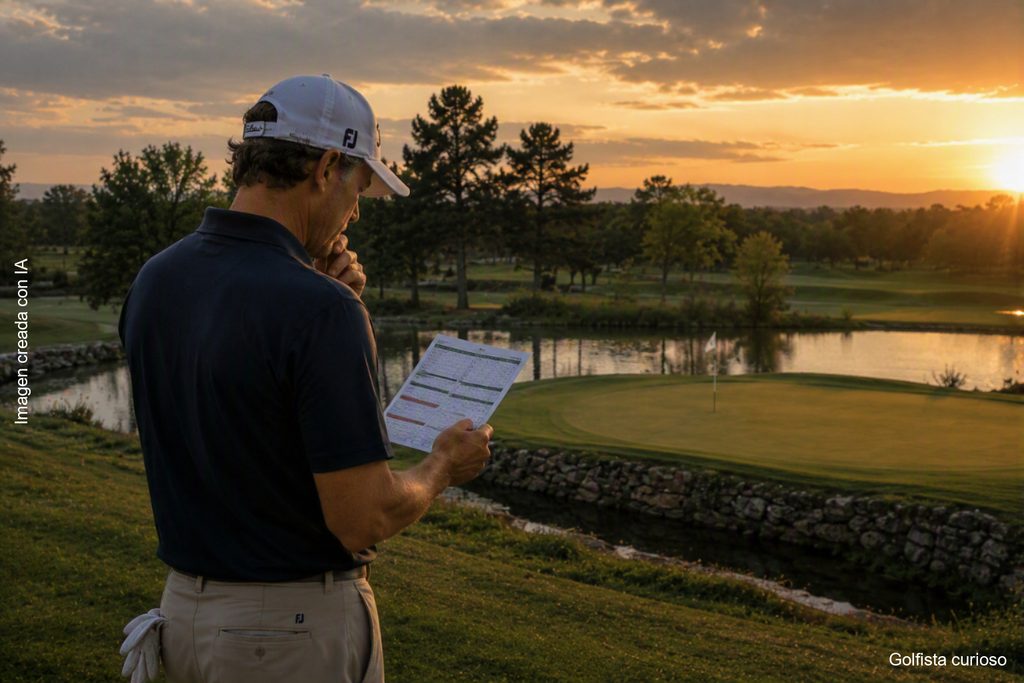 Golfista analizando su tarjeta o estrategia al atardecer junto a un green con agua