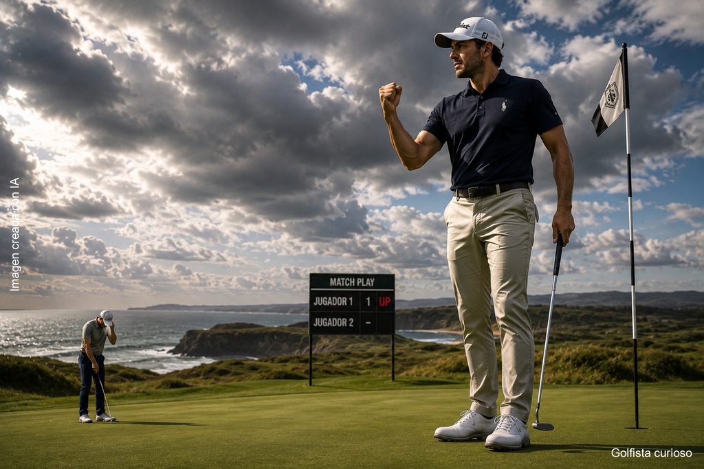 Golfista celebrando un golpe en un duelo de match play, con el marcador del partido y la bandera del hoyo al fondo