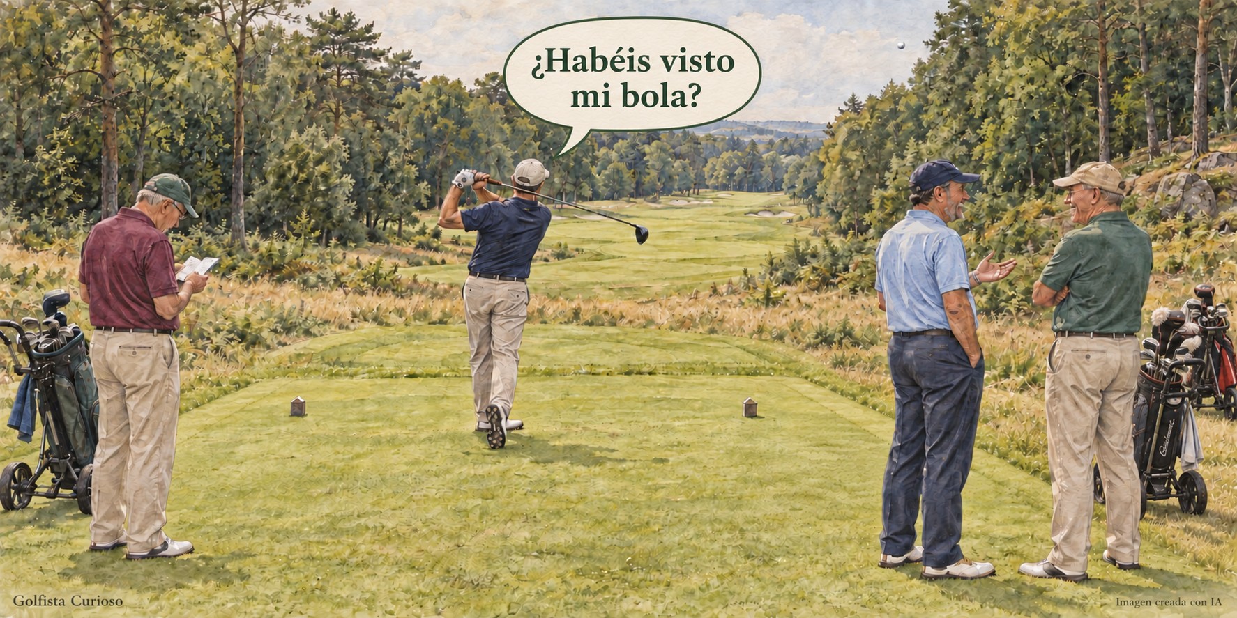 Ilustración de golfistas en el tee preguntando si alguien ha visto la bola