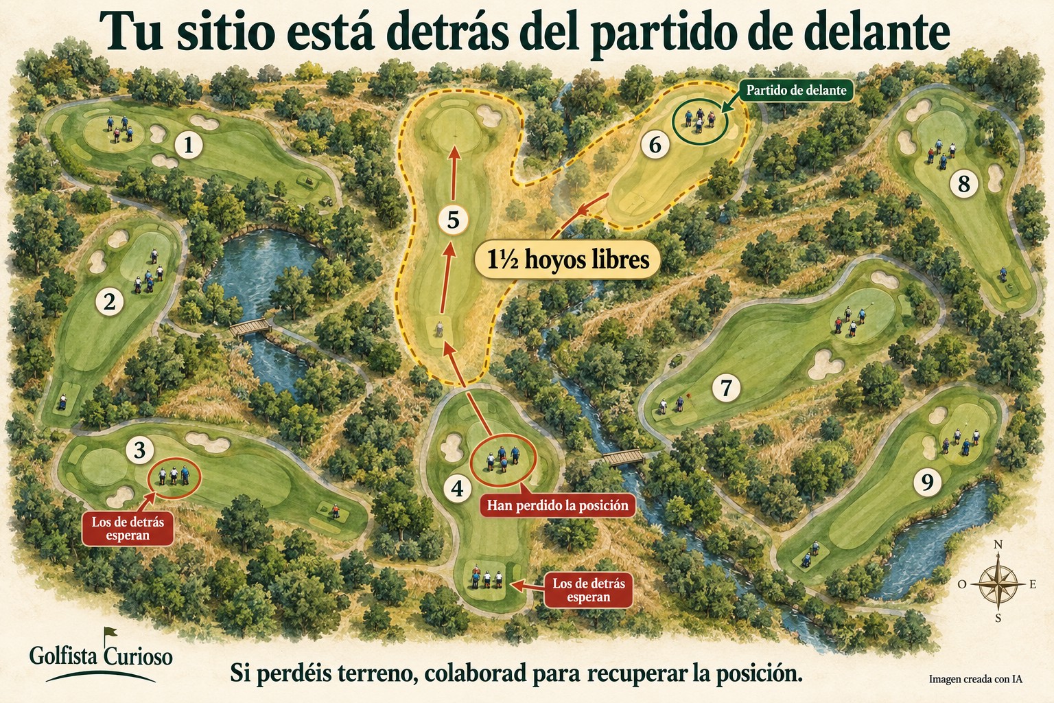 Mapa ilustrado de un campo de golf en el que un partido ha perdido posición respecto al de delante