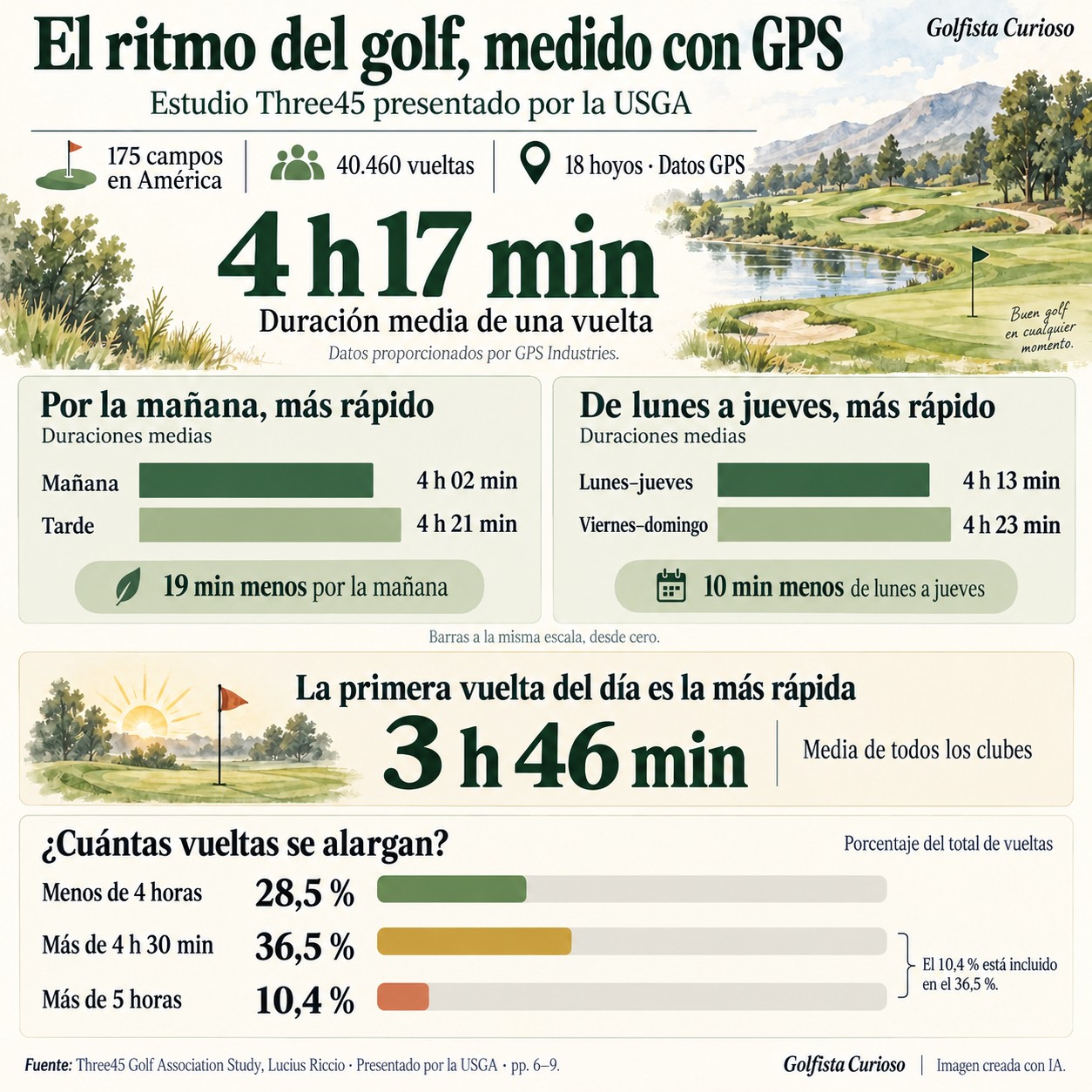 Infografía del estudio Three45 sobre la duración de las vueltas de golf medida con GPS
