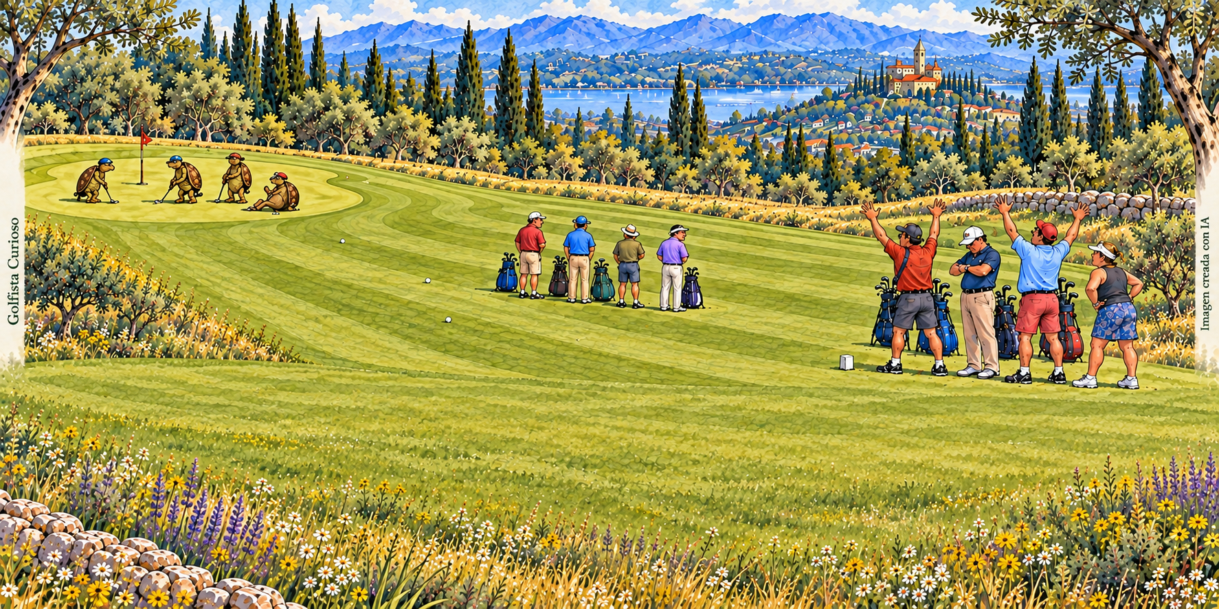 Acuarela de un campo de golf con un partido avanzando despacio y otro esperando impaciente en el tee